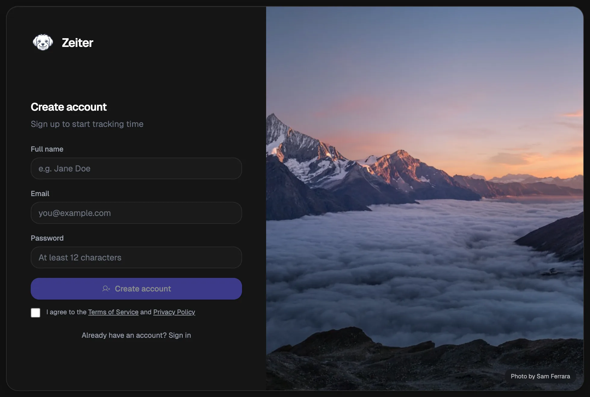 Sign-up form with full name, email, password fields and legal checkbox