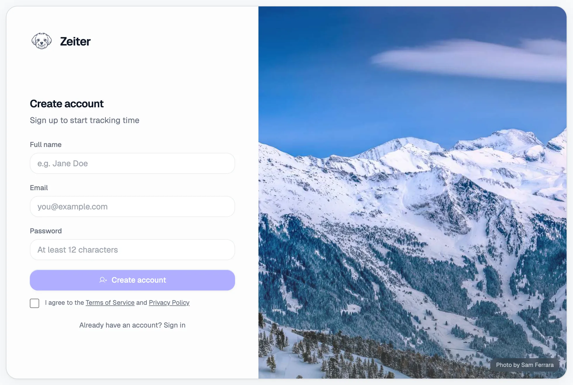 Sign-up form with full name, email, password fields and legal checkbox